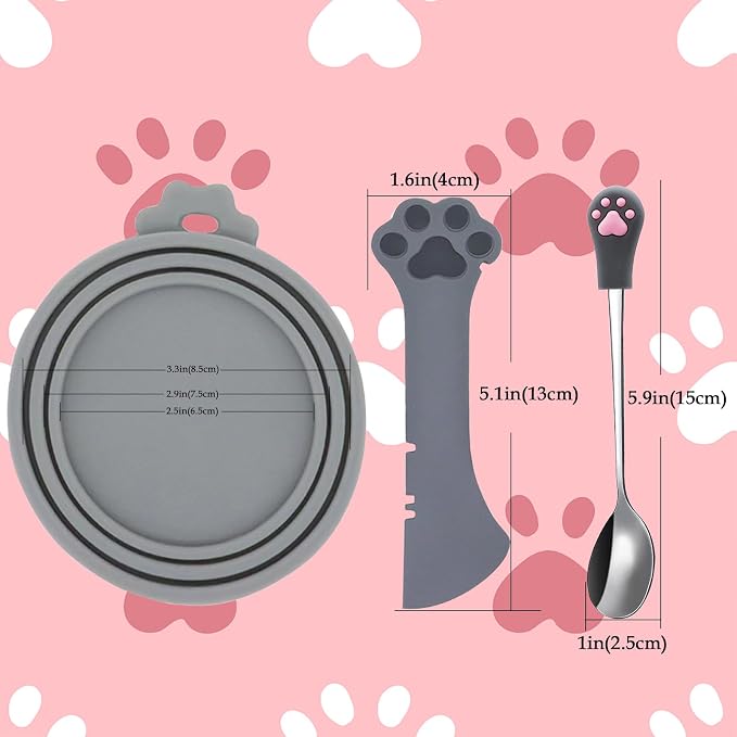 SJANE Cat Food Can Spoons & Can Lids | 4 Pcs | Multi-function Opener | Silicone Pet Food Covers | Stainless Steel Wet Food Spoon for Cats and Dogs(Grey)