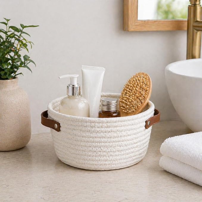 Small Woven Basket, Mini Cotton Rope Storage Basket with Leather Handle | Tiny Decorative Round Storage Bin, Cute Empty Gift Baskets for Organizing, Toy Organizer for Nursery, Boho Room Decor