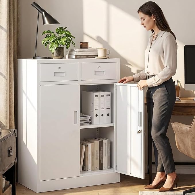 CJF Metal Storage Cabinet, Locking Storage Cabinet with Doors and 2 Drawers, Metal Cabinets for Office/Home/Garage 36" H x 32" W x 16" D (White)