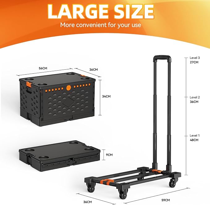 Folding Hand Truck Collapsible Crate Set, No Assembly Required 2 in 1 Utility Portable Rolling Crate Handcart with 4 Big Wheels & 2 Elastic Ropes & Removable Storage Crates (2.76 inches brakes wheels)