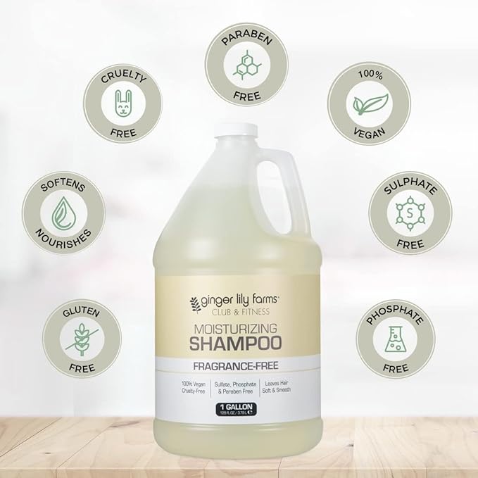 Ginger Lily Farms Club & Fitness Moisturizing Shampoo for All Hair Types, 100% Vegan & Cruelty-Free, Fragrance Free, 1 Gallon (Pack of 4)