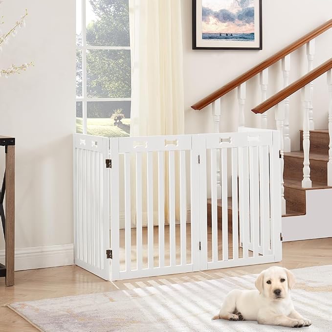 unipaws 29.5'H Free Standing Tall Wooden White Dog Cat Gate | Foldable Pet Fence for Doorway, Stairs, Step, Expandable Doggy Barrier, Indoor Use, White