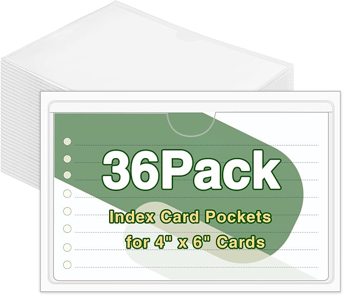 36 Pack Adhesive Index Card Holders Clear 4 x 6 Label Pockets | Clear Pvc, Not Included Index Cards, Top Loading, Sticks To Bins Shelves Boxes And Bags, Helps Organize And Protect Labels