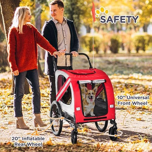 2-in-1 Pet Bike Trailer for Small Dogs, Road-Visibility Bicycle Stroller, Weather-Strong Bike Wagon Trailer Sidecar Attachment, Red