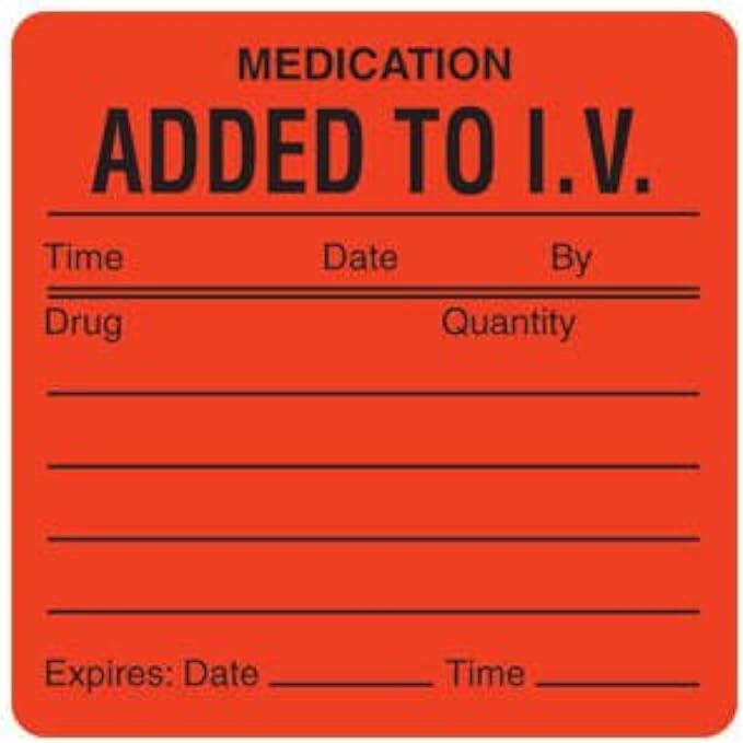 Tabbies V-HH207 Veterinary Medication Added to IV Labels, 390 Roll, Fluorescent Red 2.5 x 2.5 Inch IV Therapy Labels for Clinics and Animal Hospitals