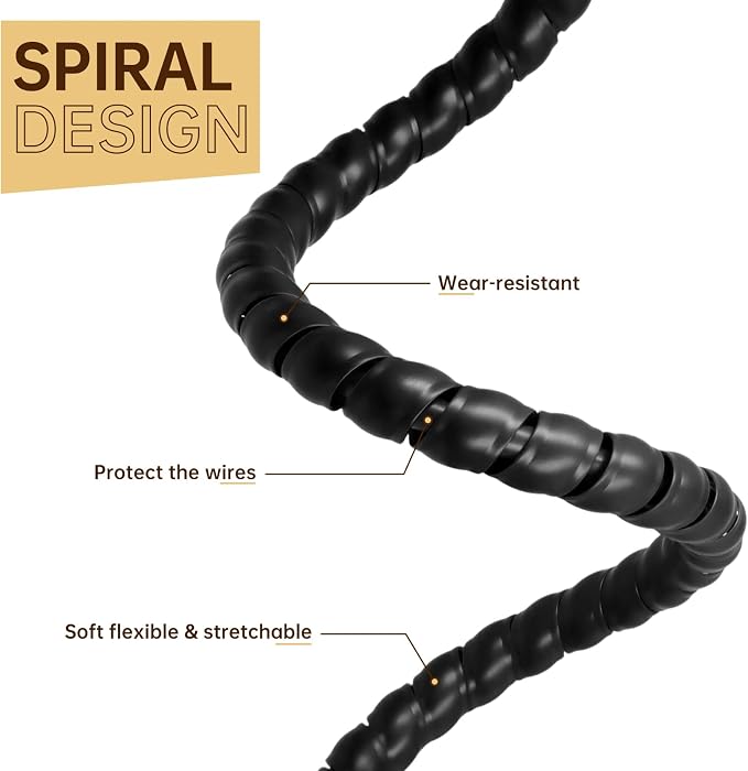 Spiral Cable Wrap, 10ft Cable Sleeves for Cords, Flexible Cable Management Sleeve for Computer, Power, Audio & Video Cords (Black, 1/2")