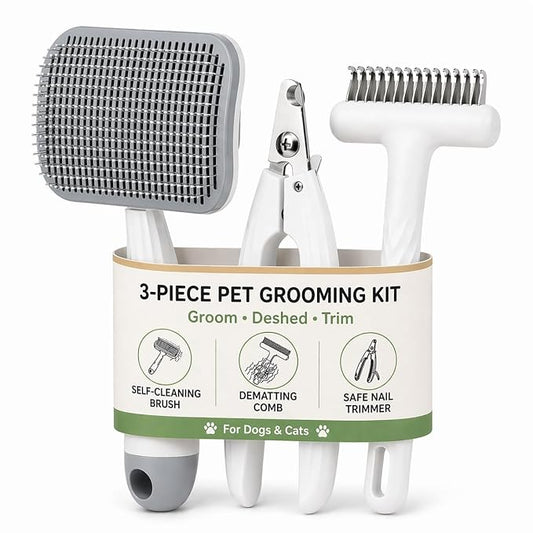 3-Piece Dogs & Cats brush for shedding - Self Cleaning Slicker Brush, Dematting Comb & Nail Clipper - Professional 3-in-1 Grooming Set for Shedding, Mats & Tangles - Easy At-Home Pet Care Tools