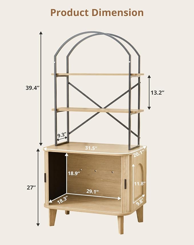 31.5" Cat Litter Box Enclosure,Hidden Litter Box Furniture with 2-Tier Storage Shelves,Wooden Cat Washroom and Pet House with Sliding Tambour Door for Living Room, Oak