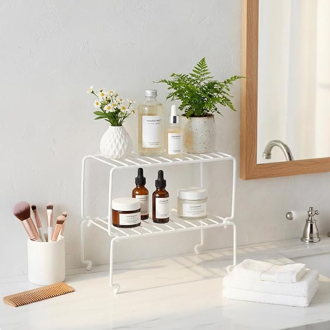 4-Pack Small (10.8x5.3inch) White Stackable Shelf Organizer Rack, Wire Shelf Rack for Kitchen Cabinet, Pantry, Desk Organization and Storage, Rustproof