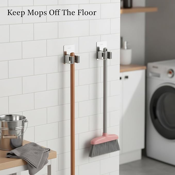 Stainless Steel Mop and Broom Holder Wall Mount, No-Drill Adhesive or Screw-In Hook for Bathroom, Laundry, Garage Organization (1 Pack)