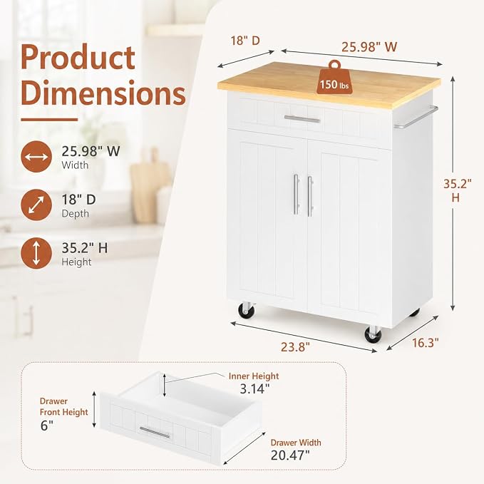JY QAQA 26" Rolling Kitchen Island Cart on Wheels, Mobile Storage Cabinet with Adjustable Inner Shelves, Kitchen Prep Cart with Towel Rack & Lockable Casters for Small Apartment Kitchen, White
