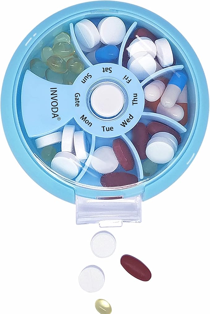 2PCS INVODA Weekly Pill Organizer 7 Compartment Rotating Pill Box for Daily | Cute Round Pill Organizer Fit purse pocket or backpack Portable Travel Pill Case for Fish Oil Supplements Vitamins Medication
