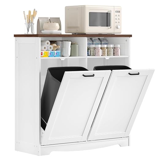 HOOBRO Double Tilt Out Trash Can Cabinet, 20 Gallon Kitchen Trash Bin Cabinet, Hidden Trash Storage with Open Compartments, Hidden Laundry Hamper, for Kitchen, Laundry, White and Walnut WH04LJ01