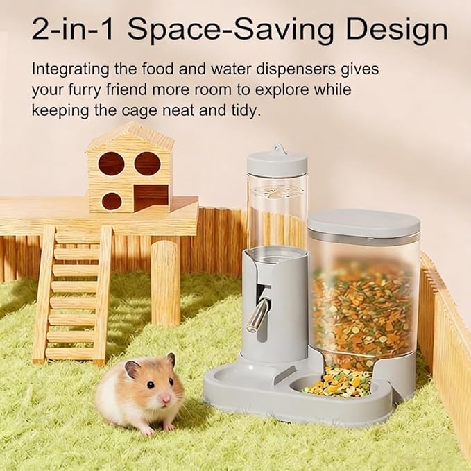 No Drip Hamster Water Bottle, 2 in 1 Automatic Hamster Water Dispenser & Food Bowl, Freestanding Small Animal Water Bottle Cage Accessories for Dwarf Hamster, Gerbil, Rat, Mice (Gray)