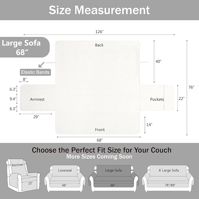 Boho Quilted White Couch Covers for 3 Cushion Couch Sofa Pet Friendly, Anti-Slip Sofa Slipcovers with Pockets, Water-Repellent Sofa Covers Washable (Large Sofa 68", White)