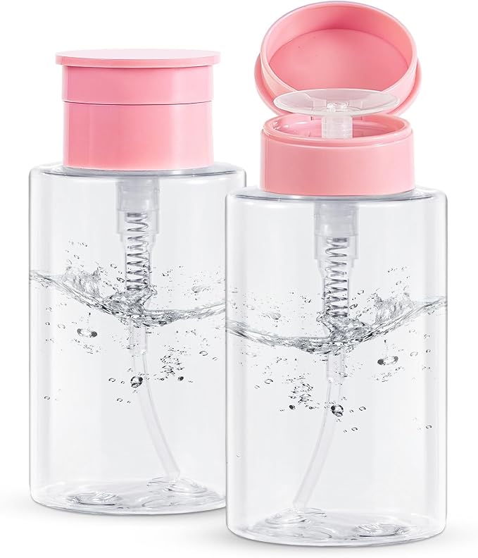 Nail Polish Remover Pump Dispenser, 2 Pack Acetone Safe ABS Bottle with Lockable Flip Cap - 200ml (6.8oz) Empty Push Down Container for Alcohol, Toner & Makeup Remover (Clear Pink, 200ml, 2 Pack)