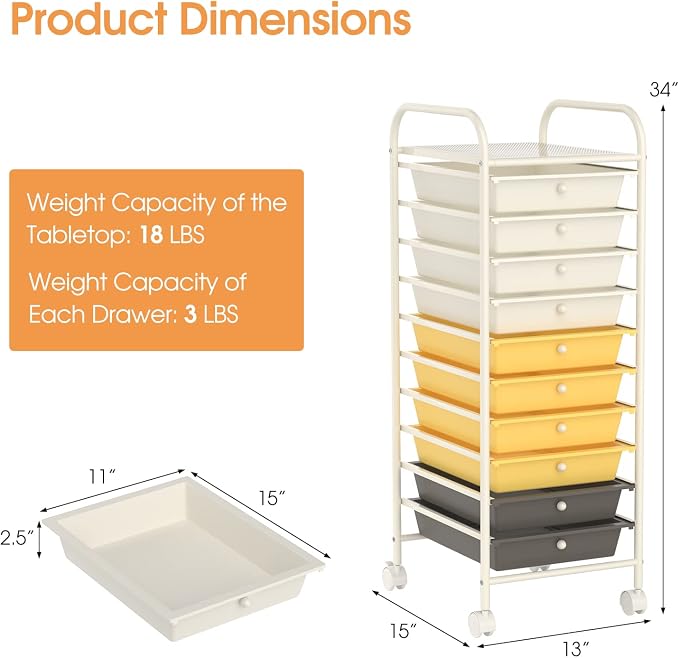 10 Drawer Rolling Storage Cart, Organization Cart with Drawers for Craft Makeup Paper Tool Art Supply, Versatile Utility Cart on Wheels for Home Office Classroom School (Yellow)