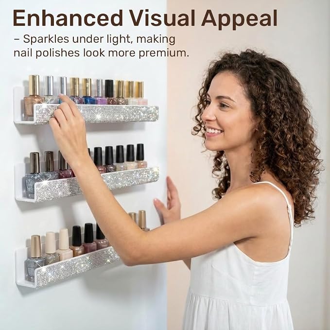 Nail Polish Wall Shelf - 15-Inch Diamond Crystal Display & Organizer Rack, Holds 60+ Polishes, Soft Ledge for Bedroom, Bathroom, Salon,6 Pack
