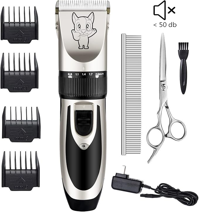 Highdas Dog Grooming Kit Clippers, Low Noise, Electric Quiet, Rechargeable, Cordless, Pet Hair Thick Coats Clippers Trimmers Set, Suitable for Dogs, Cats, and Other Pets (Silver)