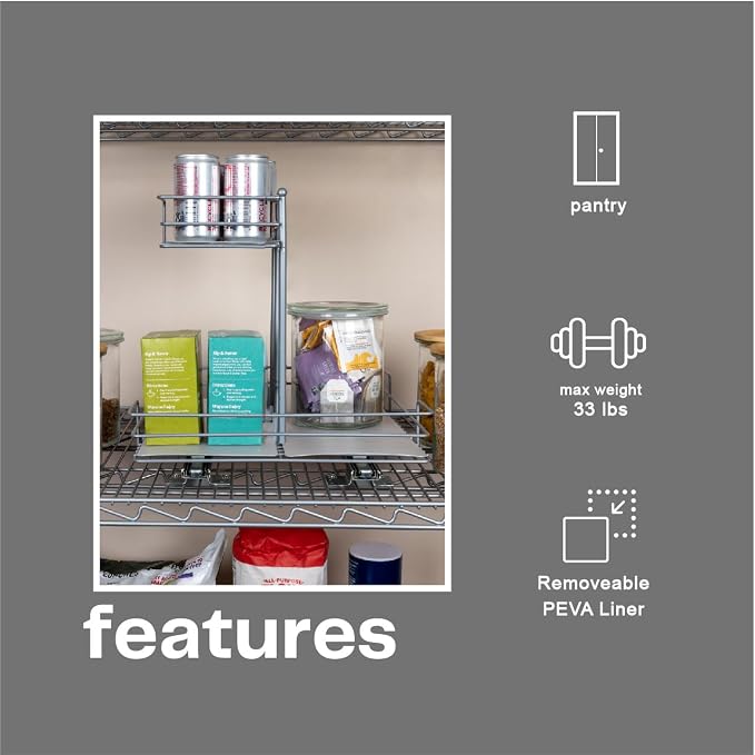 Household Essentials Glidez Steel Pull-Out/Slide-Out Storage Organizer with Plastic Liners for Under Sink or Wire Shelf Use - 2-Tier Design - Fits Standard Size Cabinet or Shelf, Brushed Silver