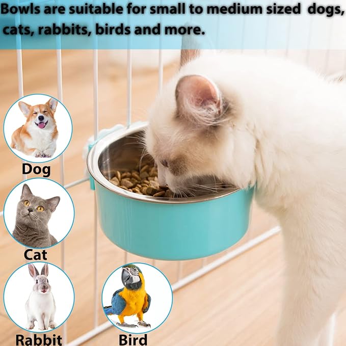 Mechpia 2 Pieces Crate Dog Bowl, Removable Stainless Steel Pet Kennel Hanging Food Water Feeder Bowl Cage Coop Cup for Puppy Medium Dog Cat Rabbit Ferret Bird (Blue,Green) (Pack of 2)