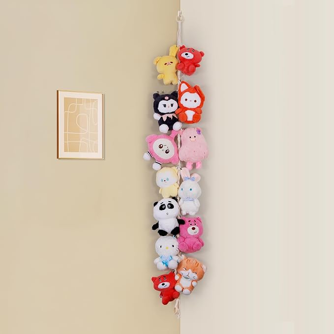 Stuffed Animal Storage Chain Boho Room Decor, Hanging Stuffed Animal Holder with 20 Metal Clips, Macrame Plush Toy Corner Organizer for Kids Baby Nursery Bedroom Playroom Wall Decor