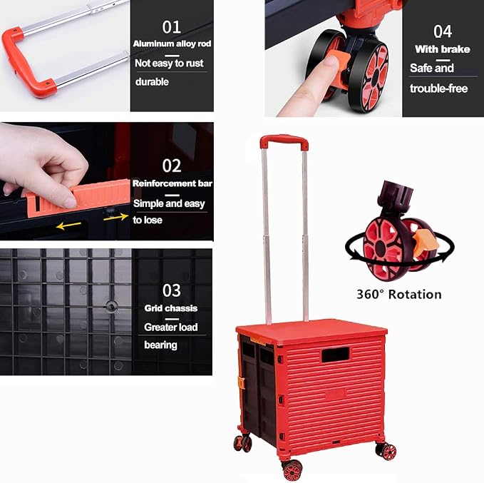 Foldable Utility Cart Folding Portable Rolling Crate Handcart Shopping Trolley Wheel Box with Lid Wear-Resistant Noiseless 360°Rotate Wheel for Travel Shopping Moving Storage Office Use (Red)