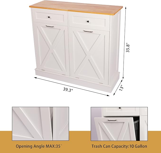 TOLEAD Double Tilt Out Trash Can Cabinet 2 x 10 Gallon Wooden Hidden Trash Cabinet with Barn Door & Solid Wood Top, Farmhouse Kitchen Garbage Bin Enclosure, Pet Proof Odor Blocking for Kitchen, White