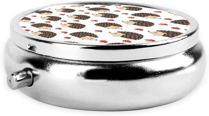 Mini Pill Case, Round Compact Organizer, Portable Holder for Supplements, Travel Pill Box Purse Carry for Students, Autumn Hedgehogs Leaves Mushrooms