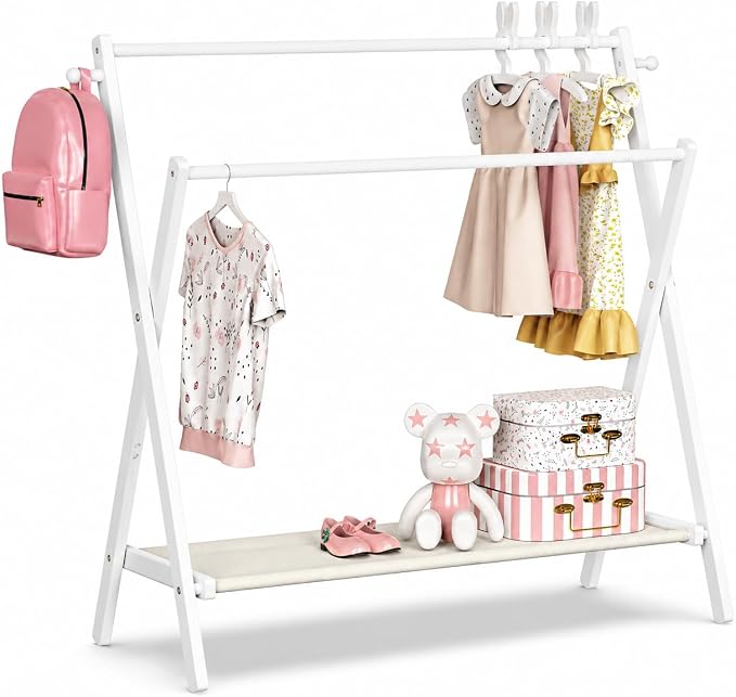 BAMBOOHOMIE Kids Clothing Rack, Small Clothes Organizer Rack, Kids Dress Up Rack with Storage Shelf & Double Rods, Bamboo Child Garment Rack for Playroom Toddler's Bedroom (Large Size - White)