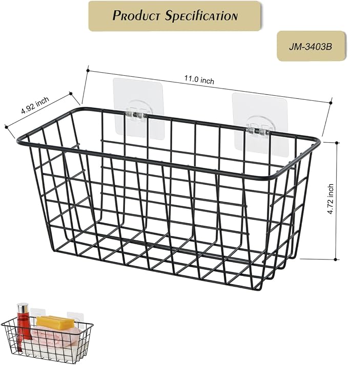 JUNCHU CHERRY 4 Pack Hanging Sorage Basket, Bathroom Basket, Household Goods, with Traceless Tape, no Drilling, for Cabinet Storage, Kitchen, Bathroom, Storage Room,Black