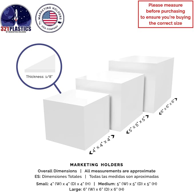 2 Pack Acrylic Display Riser Boxes 3 Piece White Retail Product Riser No Lid with Hollow Bottom 4", 5", 6" High Nesting Bins One Open Side Merchandise Storage Box by Marketing Holders