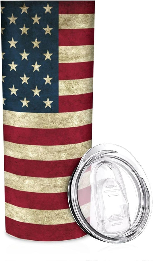 20 oz Insulated Stainless Steel Tumbler Mug, American Banner US Retro Flag Cup with Lid, Hot and Cold Insulation Presents for Men Women Teens