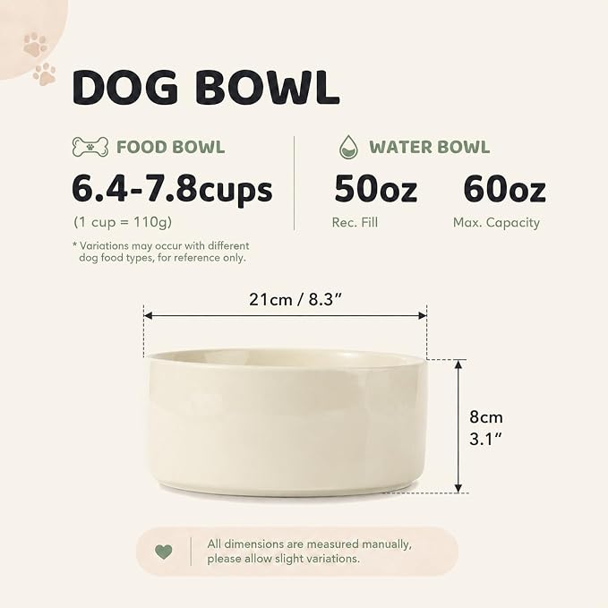 Havniva Ceramic Dog Bowls, Dog Food and Water Bowl Set, Dog Water Bowl | 8.3” Ceramic Dog Food Bowls with Non-Slip Rubber Base, Large Capacity, Dog Feeding Bowls for Large Dogs