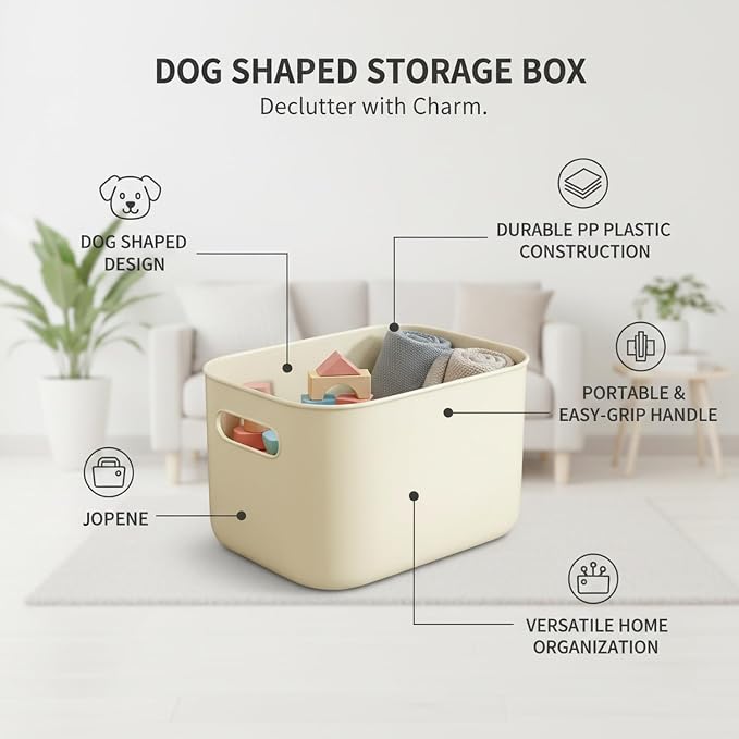 Dog Shaped Storage Bin with Lid and Handle, Decorative PP Plastic Organizer Box for Home, Office, and Craft Supplies