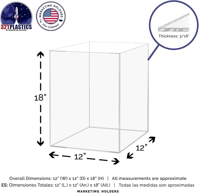12" x 12" x 18" Clear Acrylic Display Box with One Open Side No Lid Versatile Tall Plexiglass Retail Product Riser Storage Bin or Wedding Floral Centerpiece Pedestal by Marketing Holders