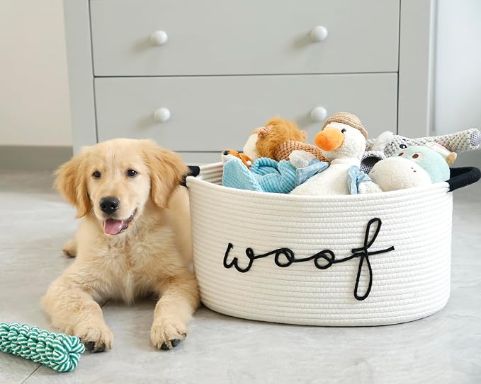 Woof Dog Toy Basket Woven Pet Baskets Storage Bin Box with Durable Handles, Pet Supplies Puppy Bins Perfect for Organizing Dog Toys Blankets and Accessories