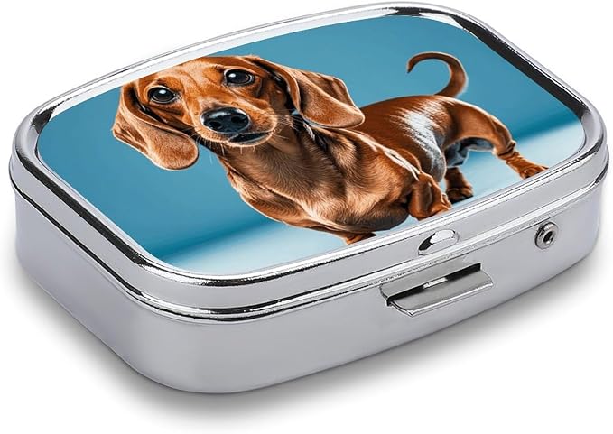 Pill Box Dachshund Weiner Pet Dog Travel Pill Organizer 2-Compartment Portable Medicine Case with Mirror Design for Vitamins, Jewelry & Essentials Durable Pocket Pillbox for Purse, Camping