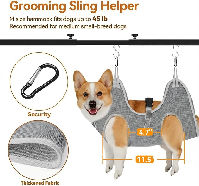 H Shape Dog Grooming Arm for Table, M Size Hammock, 42" H, 31-43" W | Heavy Duty, Adjustable Grooming Stand, Clamp Fits up to 2.76", with Hammock & 2 Nooses for Home Grooming & Nail Trimming