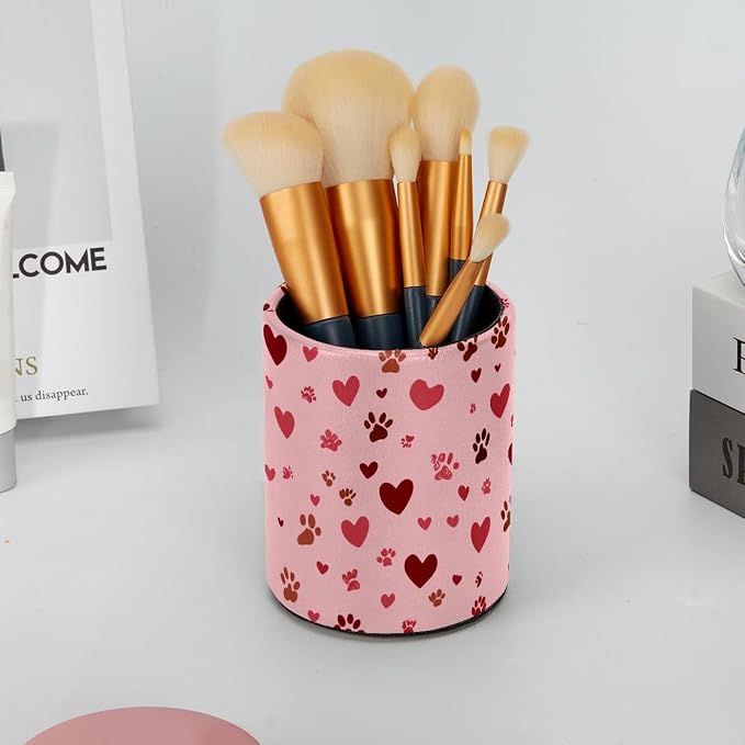 Faux Leather Pen Holder for Desk, Pencil Organizer Pet Paws Pen Cup Desk Decor Makeup Brush Holder Storage for Office Home