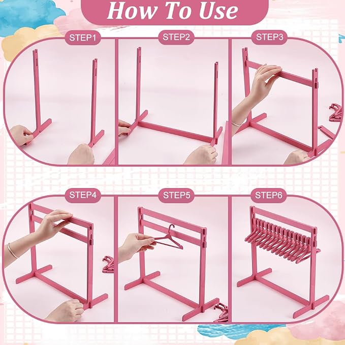 UNICRAFTALE 1 Set Mini Garment Rack With 15Pcs Mini Wooden Clothes Hanger | 30cm High Full Wood Construction Rose Pink For Doll Clothes Display Cat Puppy Small Clothes Storage Mini Dress Up Accessory