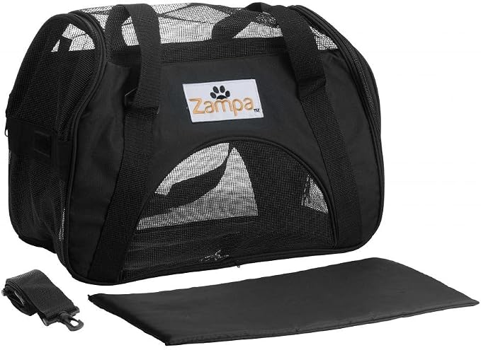 Airline Approved Soft Sided Pet Carrier by Zampa, Low Profile Travel Tote, Removable pad, Premium Zippers & Under Seat Compatibility, for Cats and Small Dogs (15" x 17" x 7", Black)