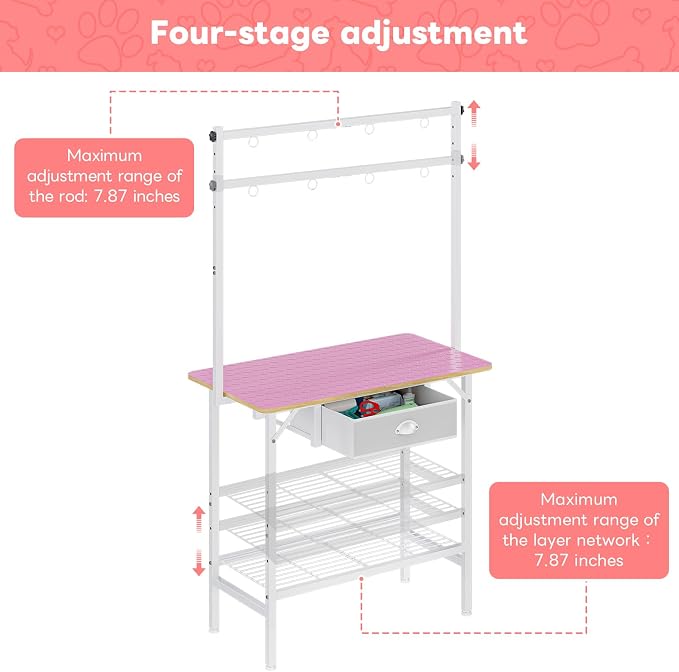 32-Inch Adjustable Dog Grooming Table with Drawer & Mesh Tray, Pet Grooming Table with Non-Slip Removable Washable Mat & EVA Protective Lanyard, Professional Grooming Table for Small Dog at Home（Pink