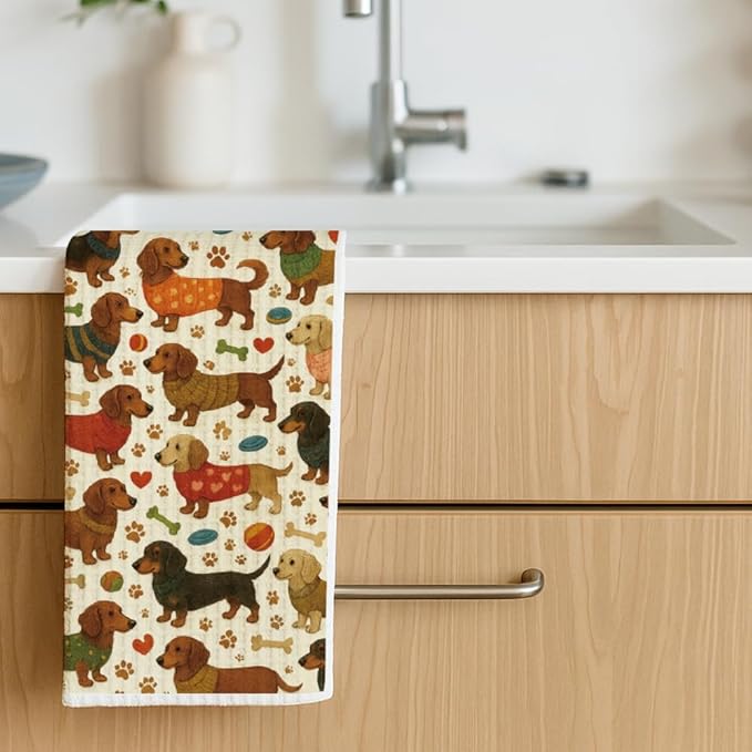 Wiener Dog Tea Towels Baking Cooking Drying Cloth for Kitchen,Cute Dachshund Kitchen Towels Decor,Dachshund Dog Mom Birthday Gifts for Women,Funny Hand Towel for Bathroom