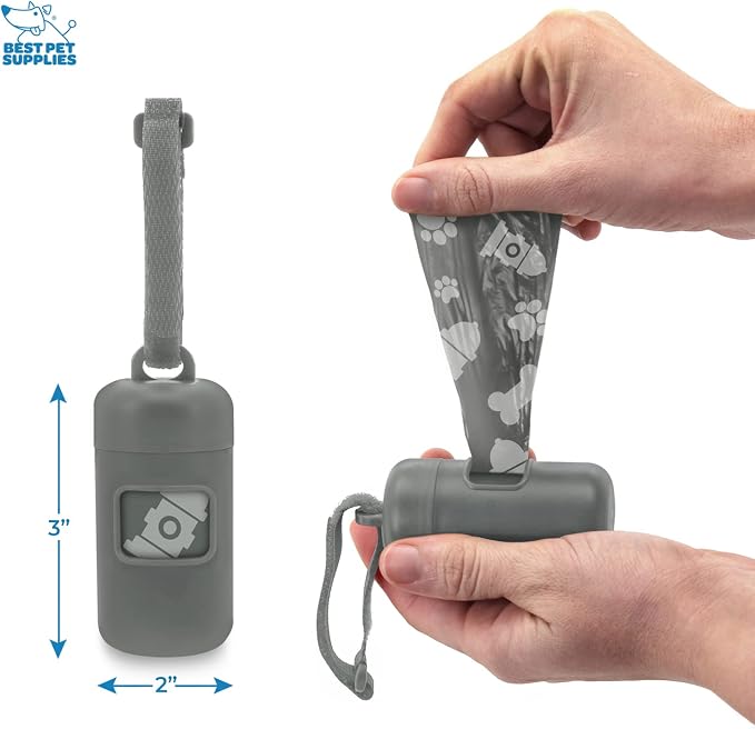 Best Pet Supplies Dog Poop Bag Holder Leash Attachment with Reusable Dispenser for Travel, Walking, Park, and Outdoor Use, Durable with Clip-On - Gray, Pack of 2, Plastic Dispenser w/30 Bags