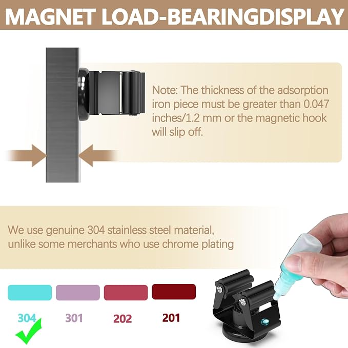 3-H 2 Pack Magnetic Broom Holder with 2 Pack Mini Magnetic Hooks,Black | Stainless Steel No Drill Mop Holder, Movable Magnet Tool Organizer for Garage Laundry Kitchen Garden RV