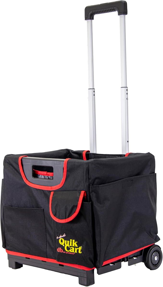 dbest Products Quik Cart Pockets Bundle Sport - 10 Pocket - Black & Red | Rolling Crate with Canvas Organizer Bag, 80 lbs Capacity, Telescoping Handle, Folding Utility Cart