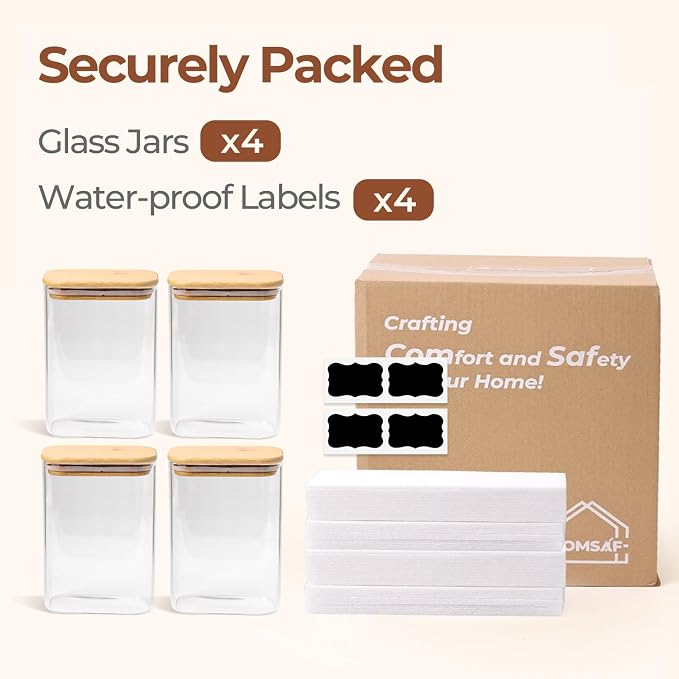 ComSaf Glass Storage Containers with Lids 1.2 Qt, Set of 4 Food Storage Jar | Glass Pantry Storage Containers, Rectangle Kitchen Canisters, Bamboo Lid with Silicone Seal, Cereal, Flour, Spice, BPA Free