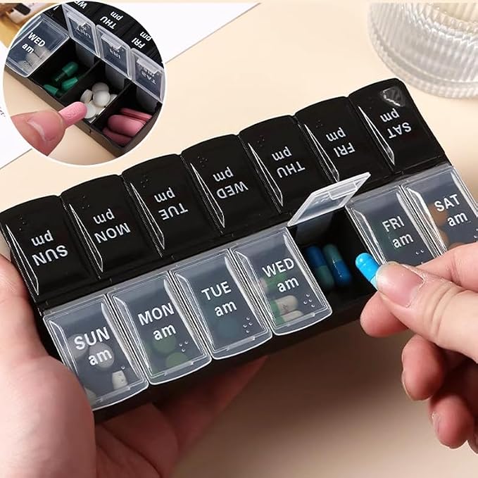 Daily Pill Organizer Box, Travel Large Size Pill Case Dispenser | 14-day Weekly Medicine Supplement Holder, Portable Vitamin Sorter Fish Oil Capsule Tablet DHA Container, Black + Transparent