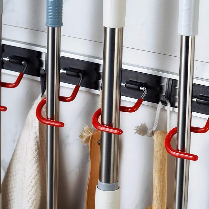 Wall Mounted Mop and Broom Holder, Stainless Steel, Red Black, 34 Inches, 8 Position Rack with 6 Hooks, S Type Organizer